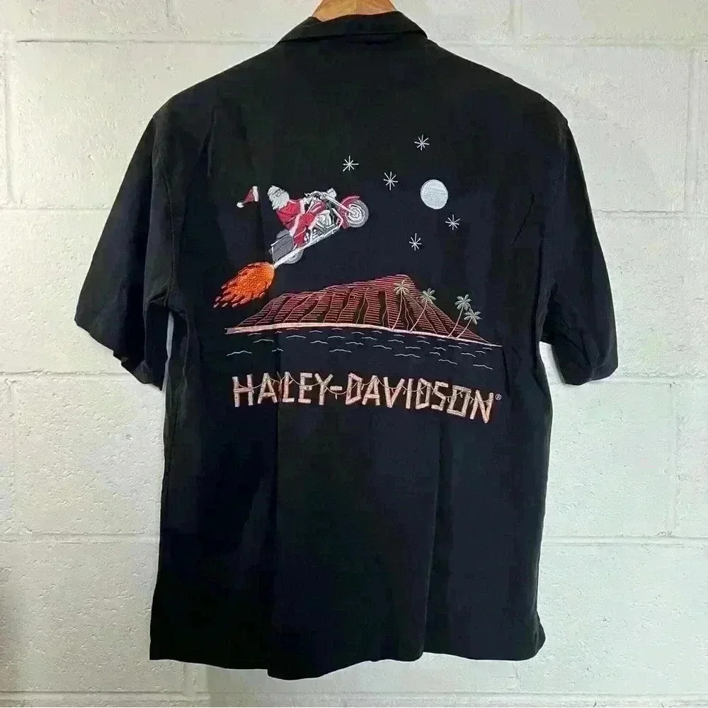 Harley Davidson Hawaii Christmas Santa Biker Button Shirt-Small